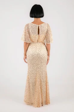 Opal Butterfly-Sleeve Sequin Maxi Dress - Beige