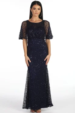 Opal Butterfly-Sleeve Sequin Maxi Dress - Navy