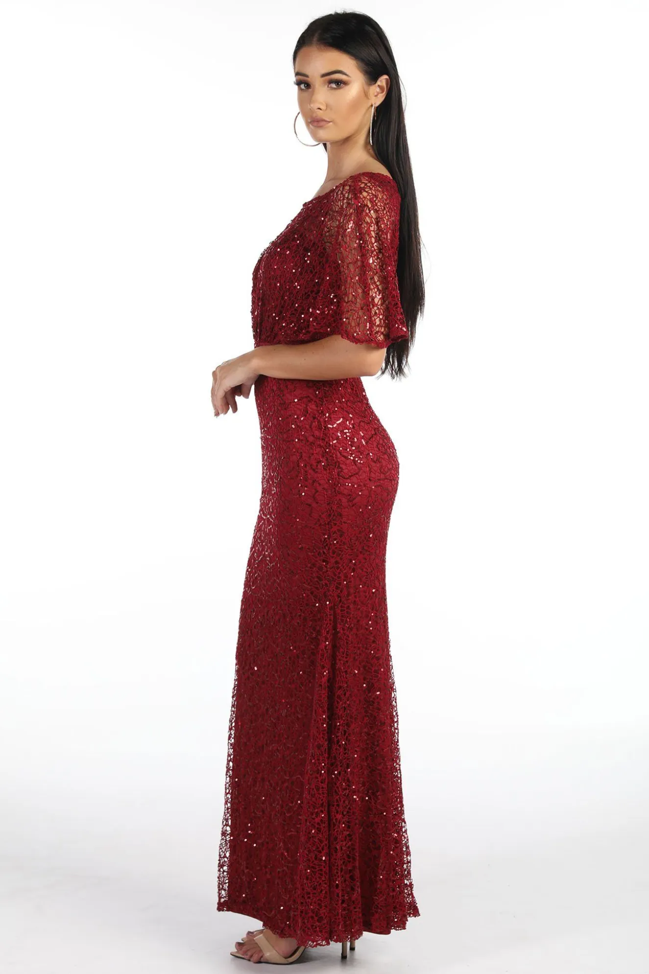 Opal Butterfly-Sleeve Sequin Maxi Dress - Wine