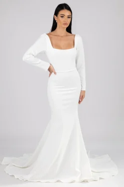 Paola Square Neck Long-Sleeve Crepe Gown - Ivory