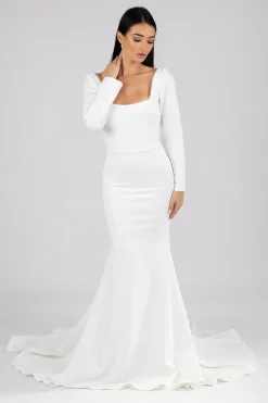 Paola Square Neck Long-Sleeve Crepe Gown - Ivory