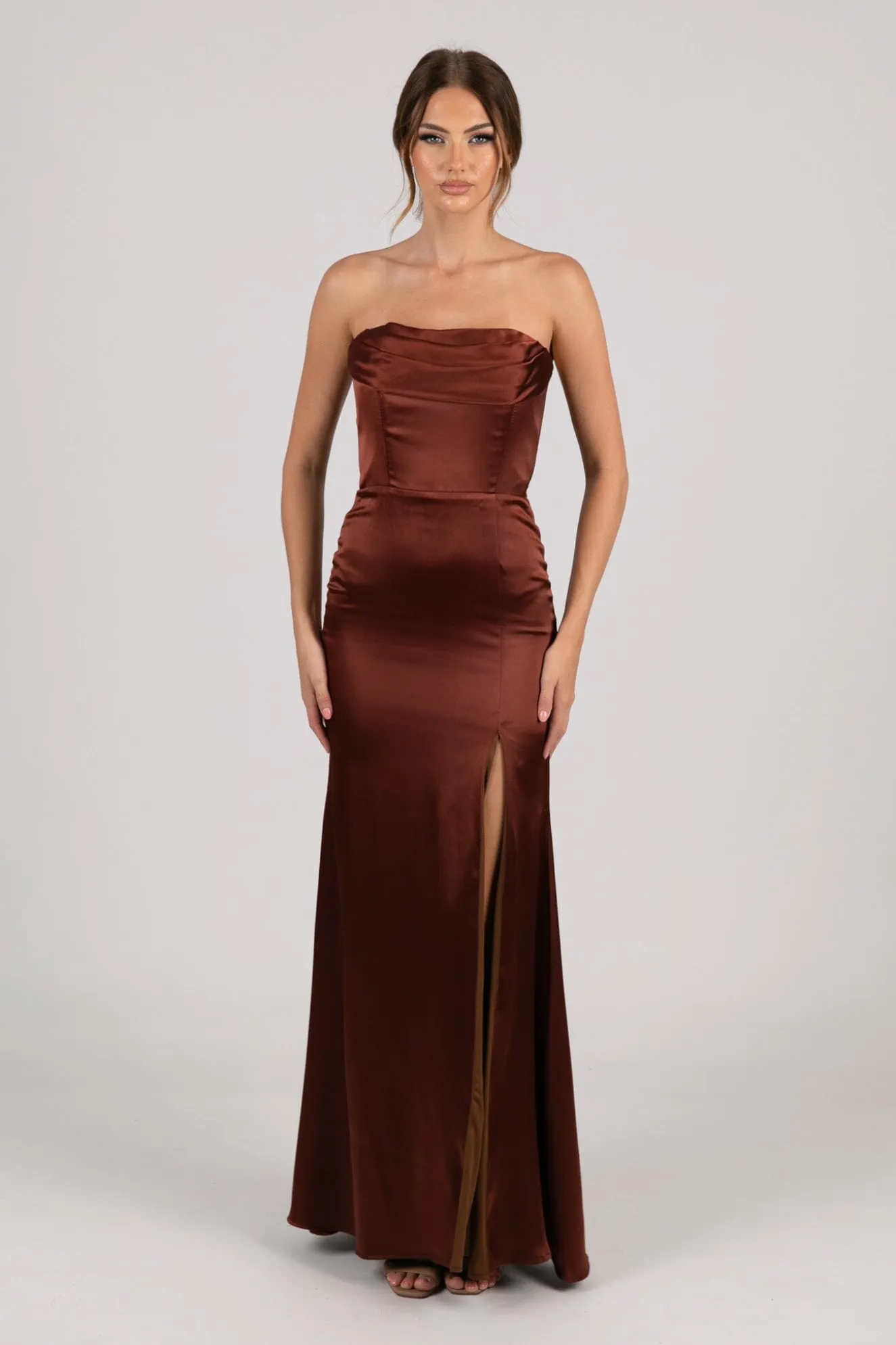 Peyton Strapless Satin Maxi Dress - Mahogany