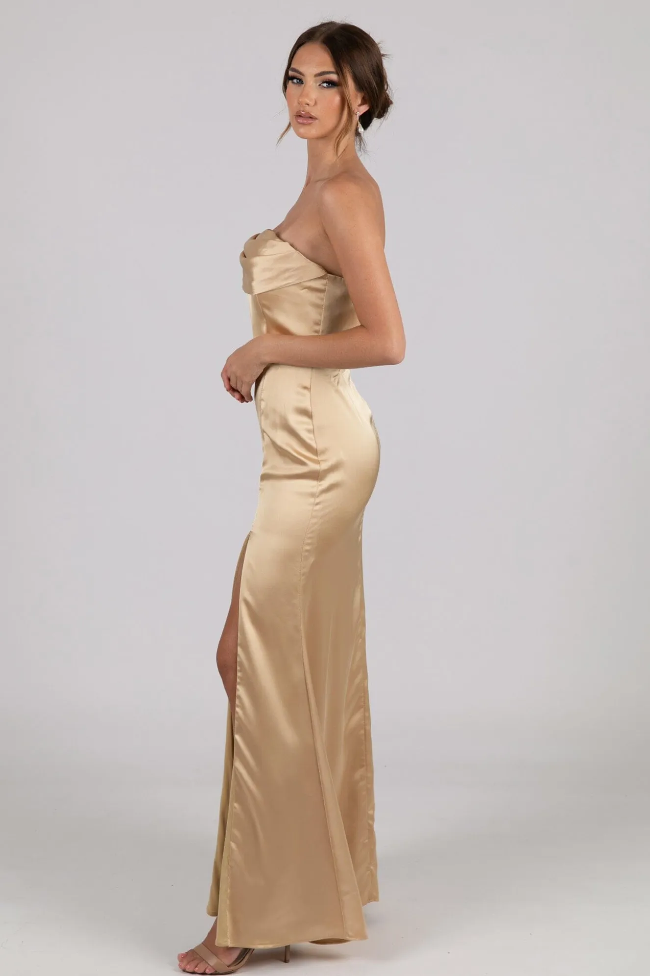 Peyton Strapless Satin Maxi Dress - Neutral Gold