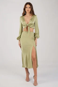 Quinn Satin Set - Long Sleeve Crop Top and Midi Skirt in Olive