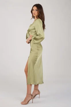 Quinn Satin Set - Long Sleeve Crop Top and Midi Skirt in Olive
