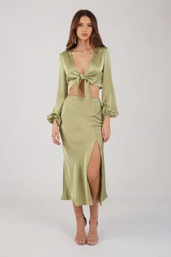 Quinn Satin Set - Long Sleeve Crop Top and Midi Skirt in Olive