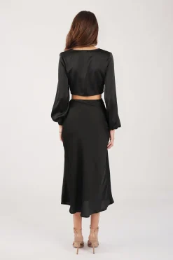 Quinn Satin Set - Long Sleeve Crop Top and Midi Skirt in Black