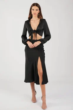 Quinn Satin Set - Long Sleeve Crop Top and Midi Skirt in Black