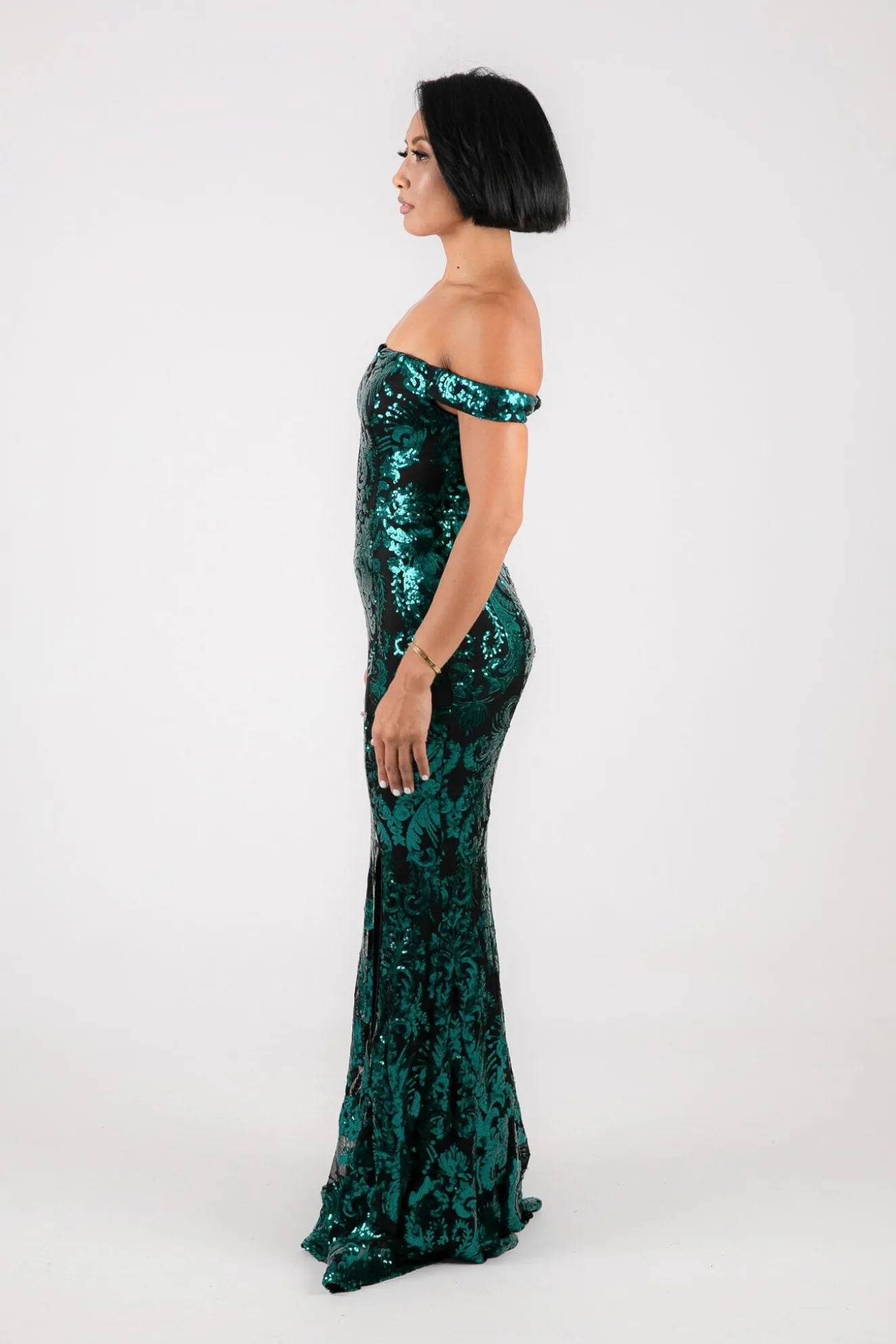 Ramona Off Shoulder Sequin Gown - Emerald