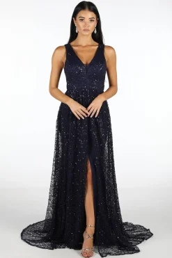 Renata A-Line Sequin Ball Gown - Navy