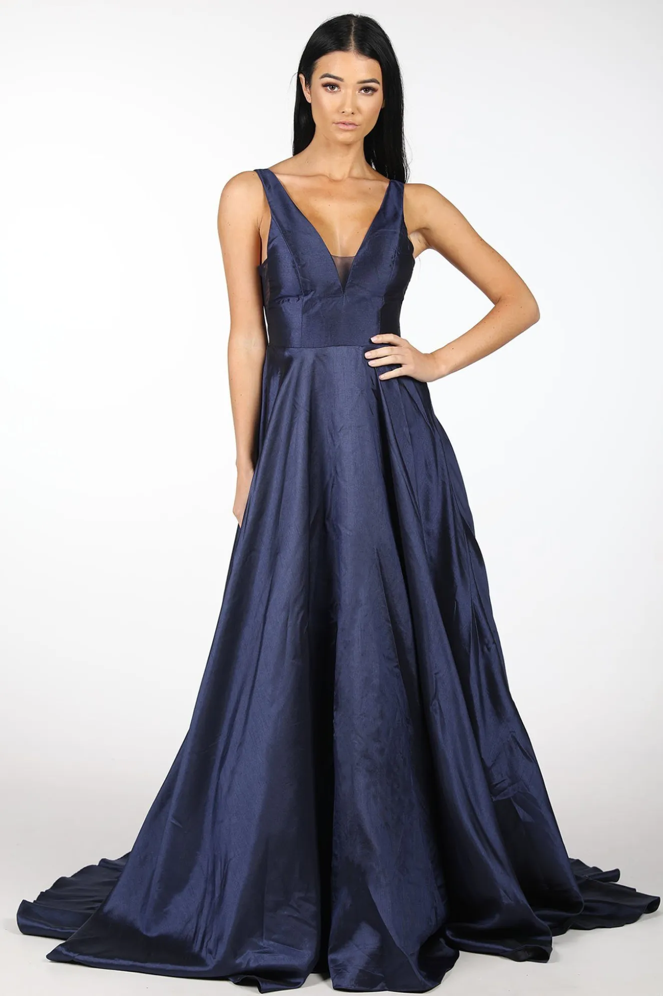 SAMIRA V-Neck Satin Ball Gown - Navy