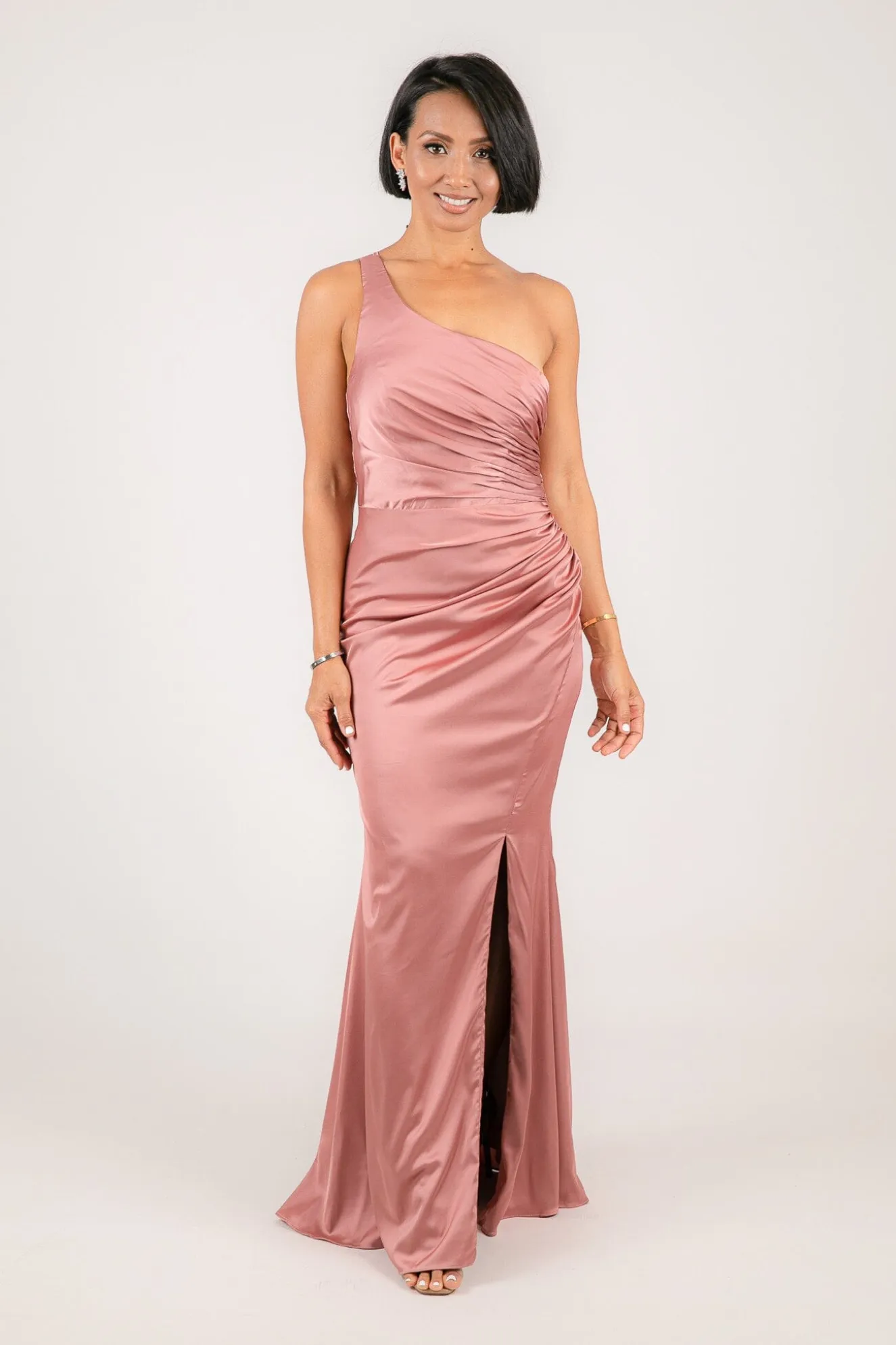 SELENE One Shoulder Satin Maxi Dress - Dusty Pink