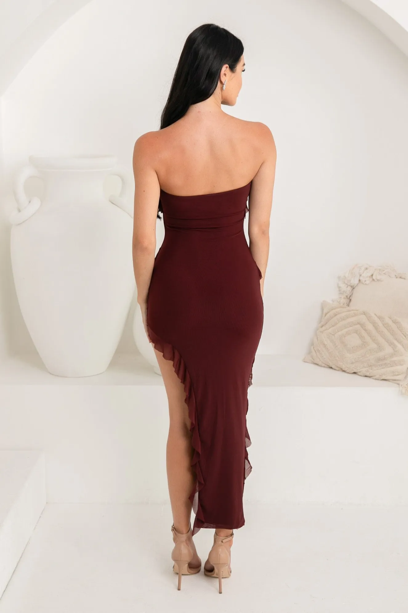 Solita Strapless Frill Detail Maxi Dress - Burgundy