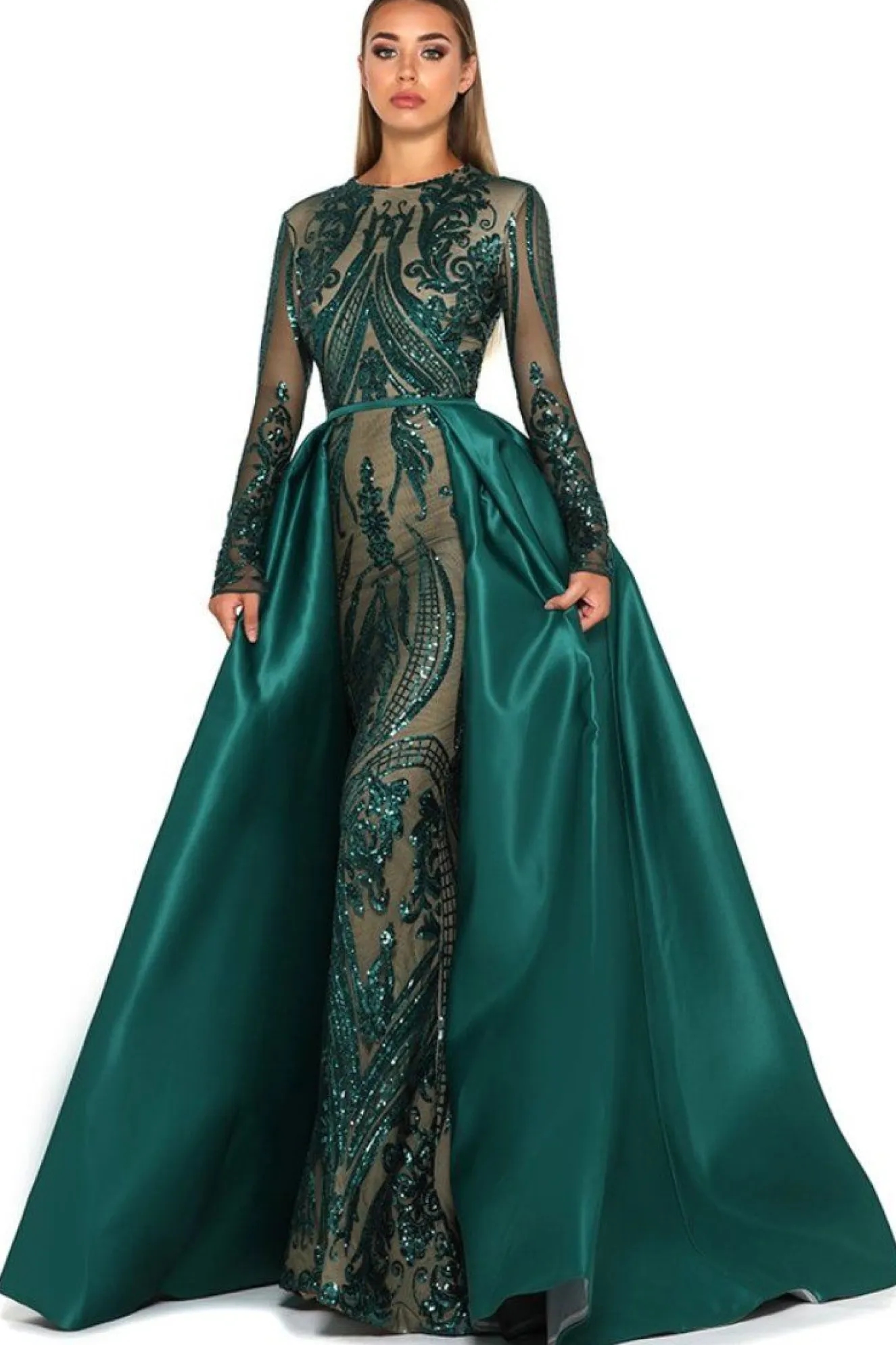 Style 1705 Long Sleeve Gown in Emerald by Portia & Scarlett (Last Pieces - S & XXL)