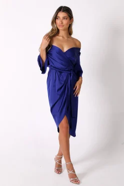 Vittoria Satin Off The Shoulder Wrap Dress in Royal Blue