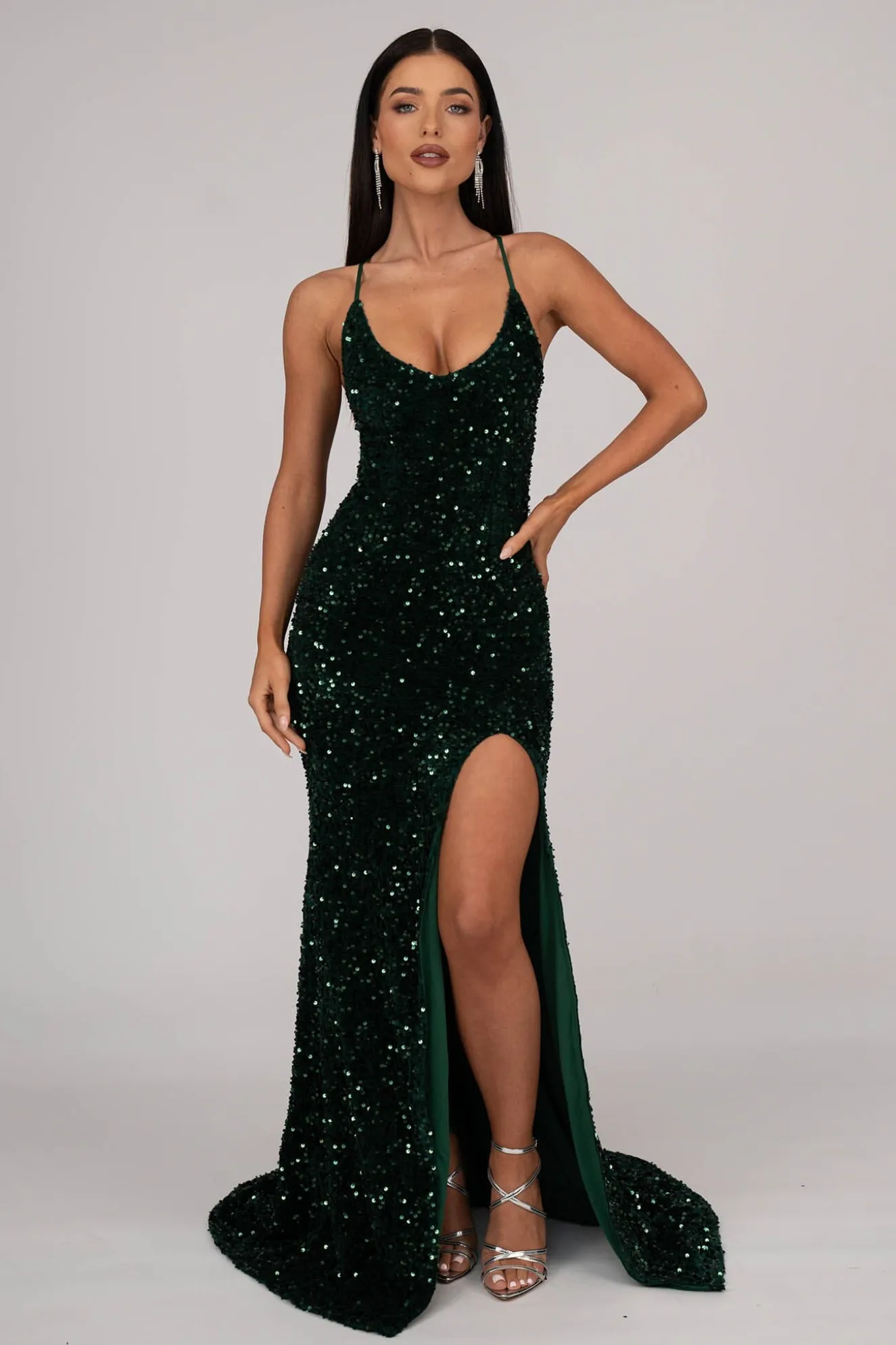 Zelda Side Slit Velvet Sequin Gown - Emerald