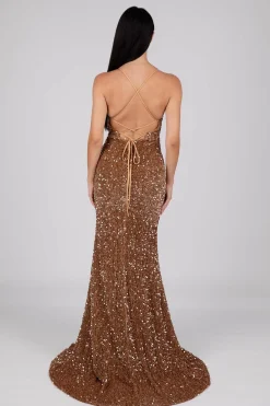 Zelda Side Slit Velvet Sequin Gown - Bronze Gold