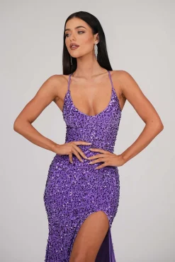 Zelda Side Slit Velvet Sequin Gown - Light Purple